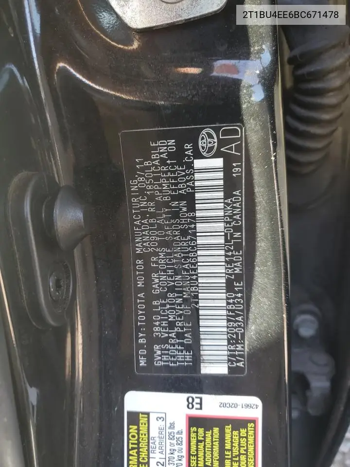 2T1BU4EE6BC671478 2011 Toyota Corolla Base