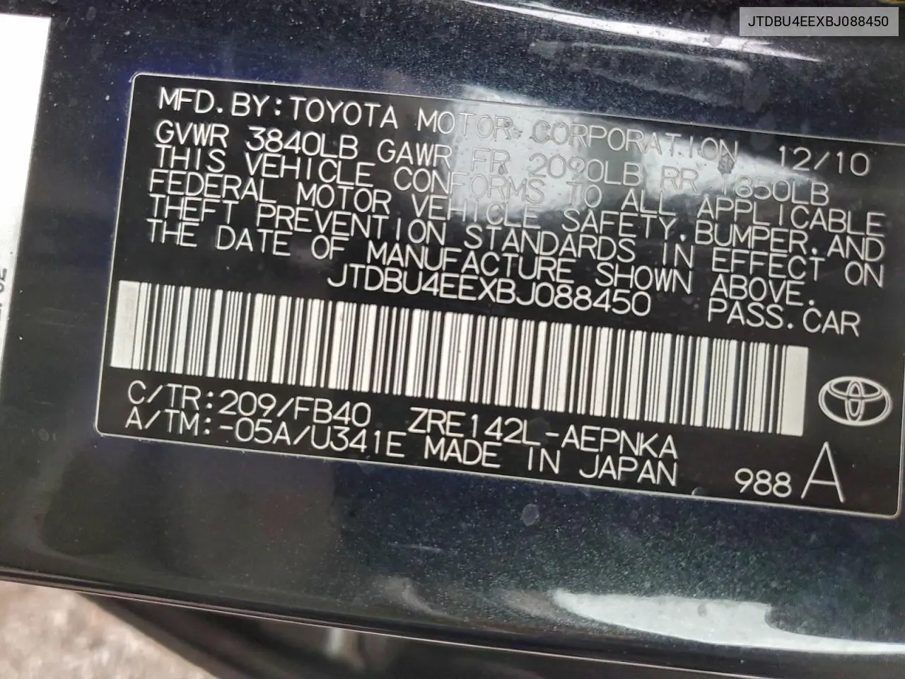 JTDBU4EEXBJ088450 2011 Toyota Corolla Base
