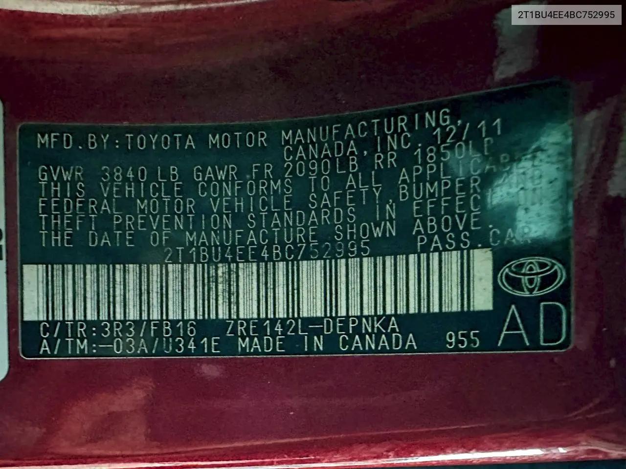 2T1BU4EE4BC752995 2011 Toyota Corolla Base