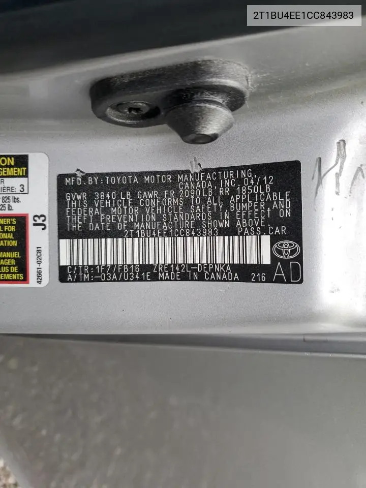 2T1BU4EE1CC843983 2012 Toyota Corolla Base