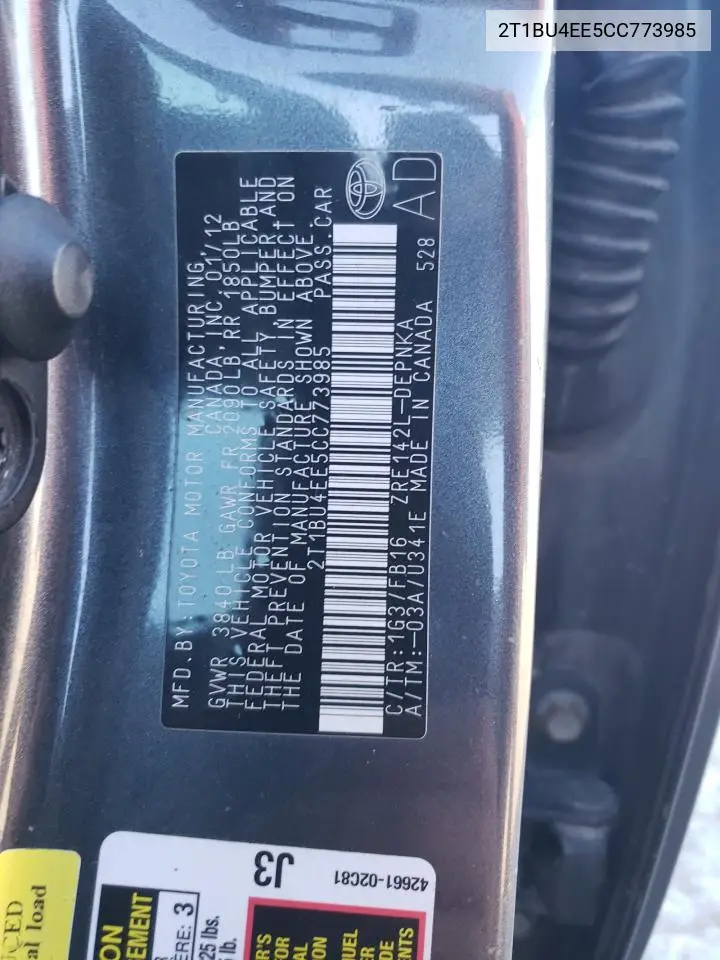 2T1BU4EE5CC773985 2012 Toyota Corolla Base
