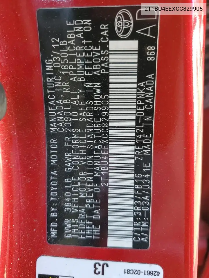 2T1BU4EEXCC829905 2012 Toyota Corolla Base