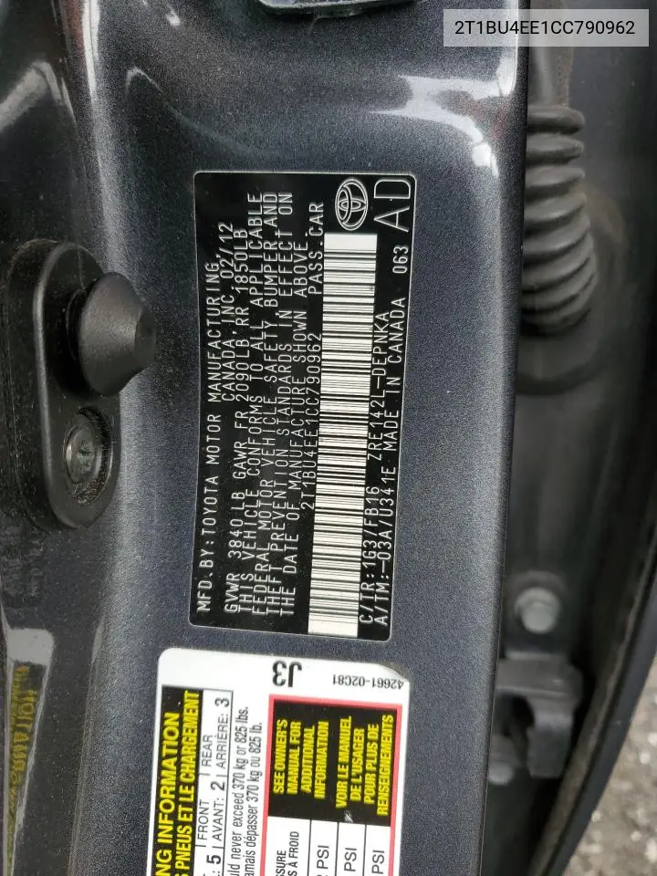 2T1BU4EE1CC790962 2012 Toyota Corolla Base