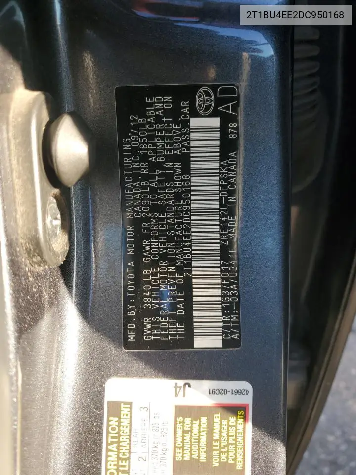 2T1BU4EE2DC950168 2013 Toyota Corolla Base
