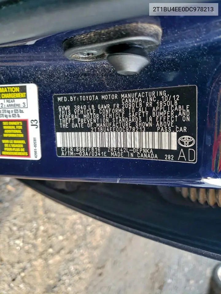 2T1BU4EE0DC978213 2013 Toyota Corolla Base
