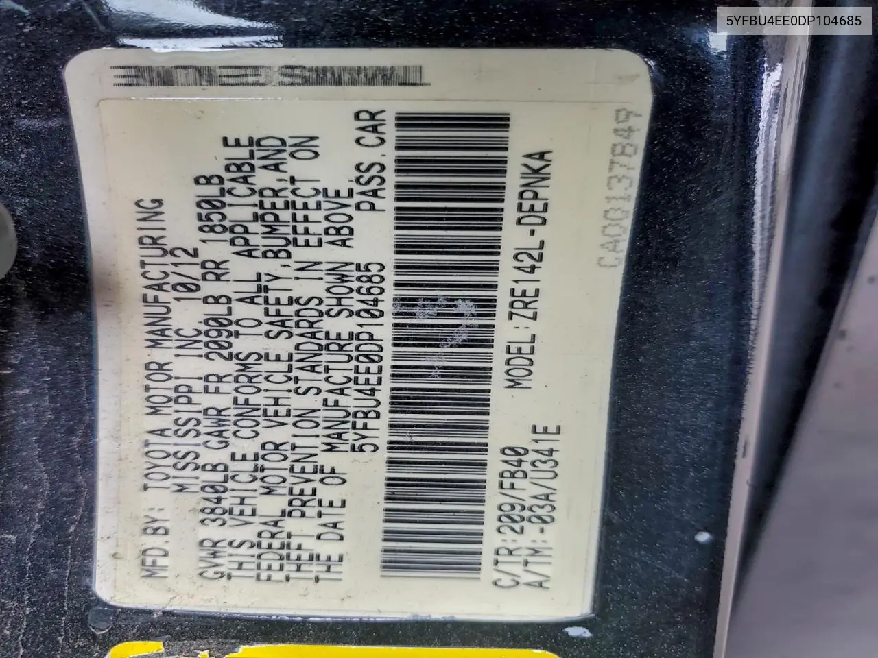 5YFBU4EE0DP104685 2013 Toyota Corolla Base