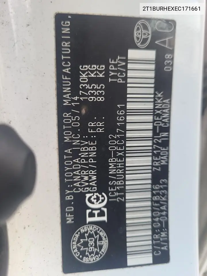 2T1BURHEXEC171661 2014 Toyota Corolla L
