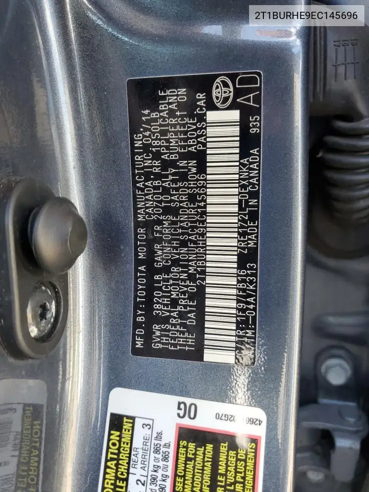 2T1BURHE9EC145696 2014 Toyota Corolla L