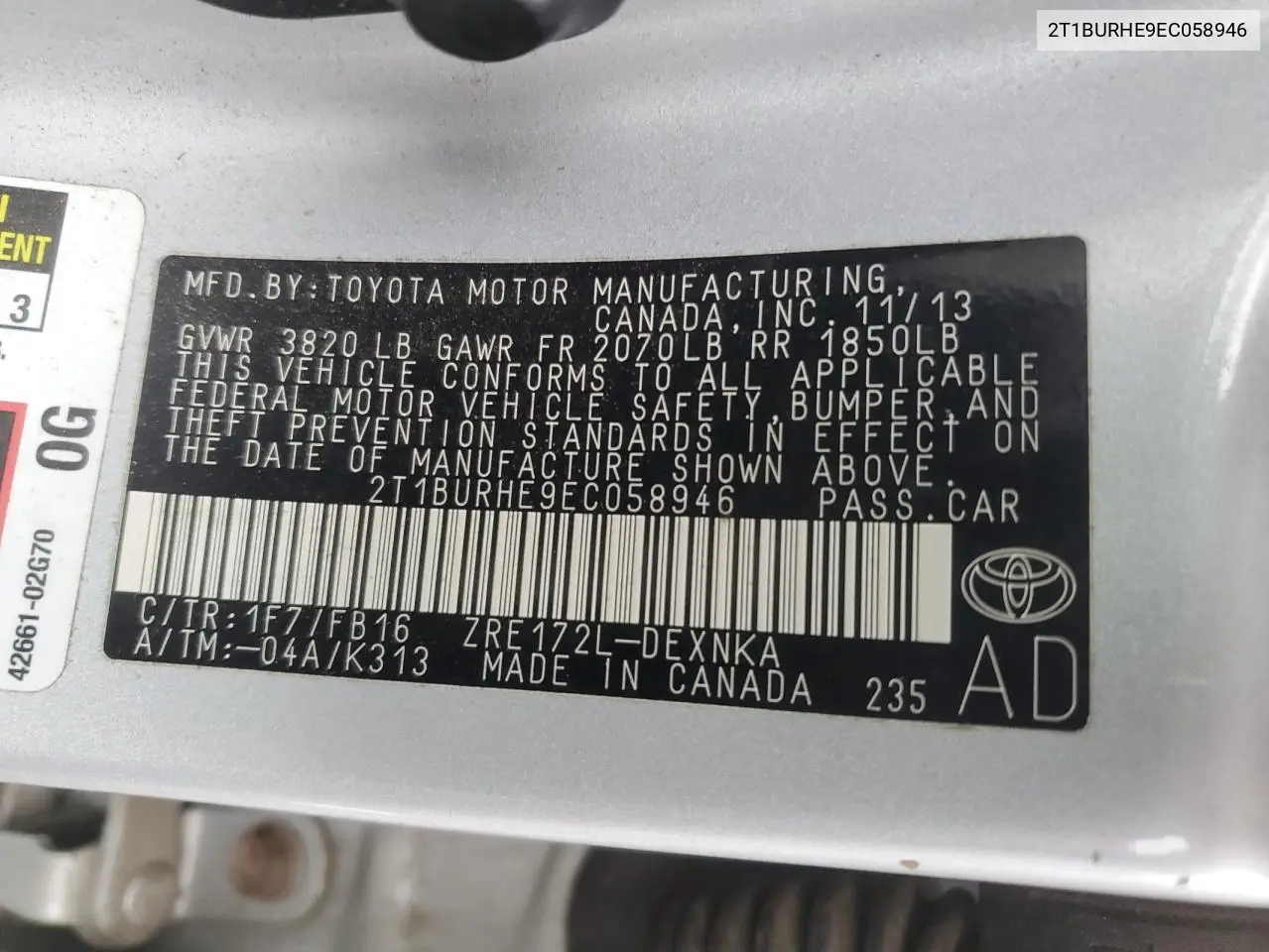 2T1BURHE9EC058946 2014 Toyota Corolla L