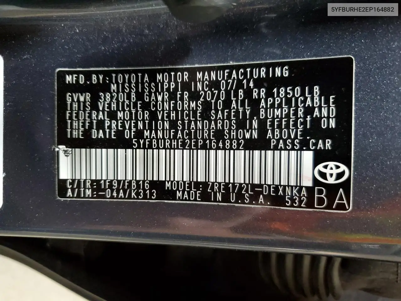 5YFBURHE2EP164882 2014 Toyota Corolla L