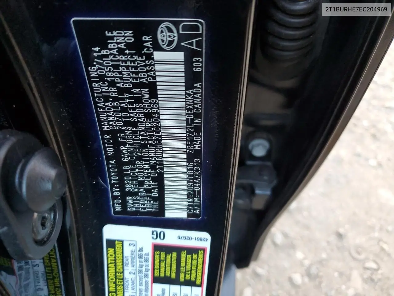2T1BURHE7EC204969 2014 Toyota Corolla L