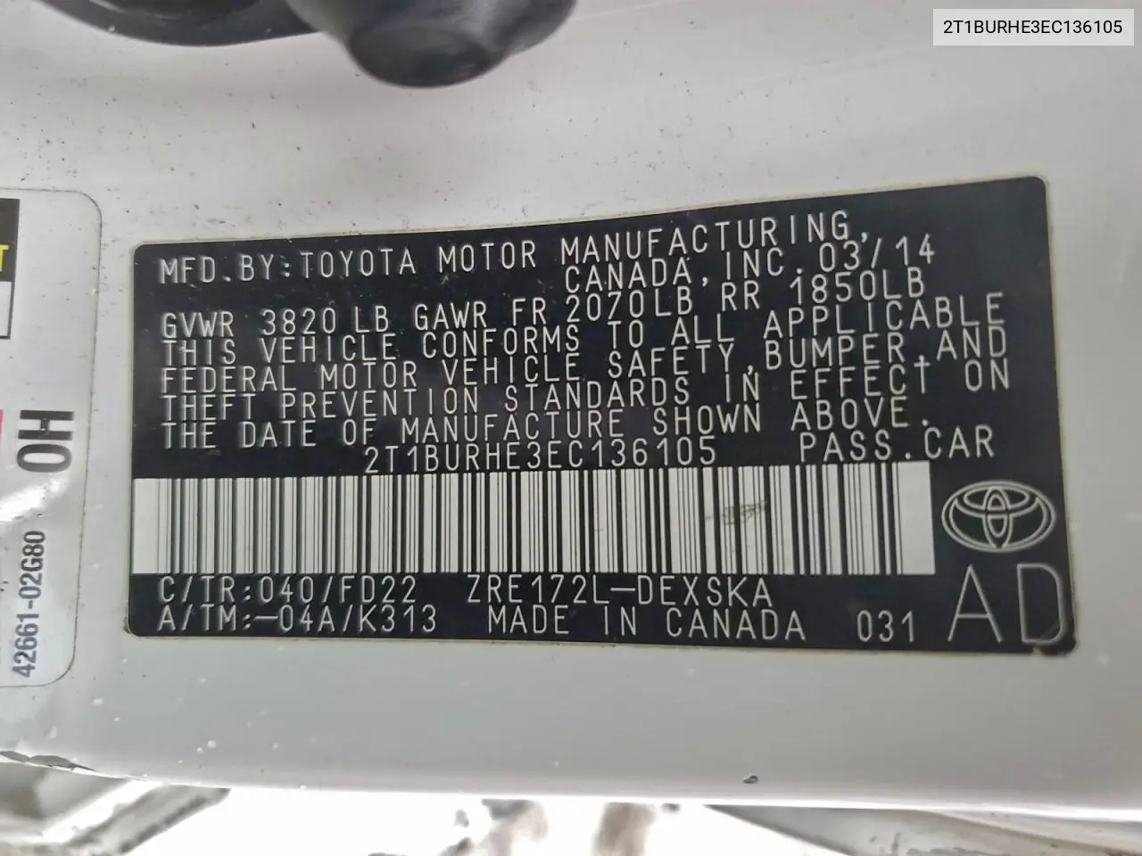 2T1BURHE3EC136105 2014 Toyota Corolla L