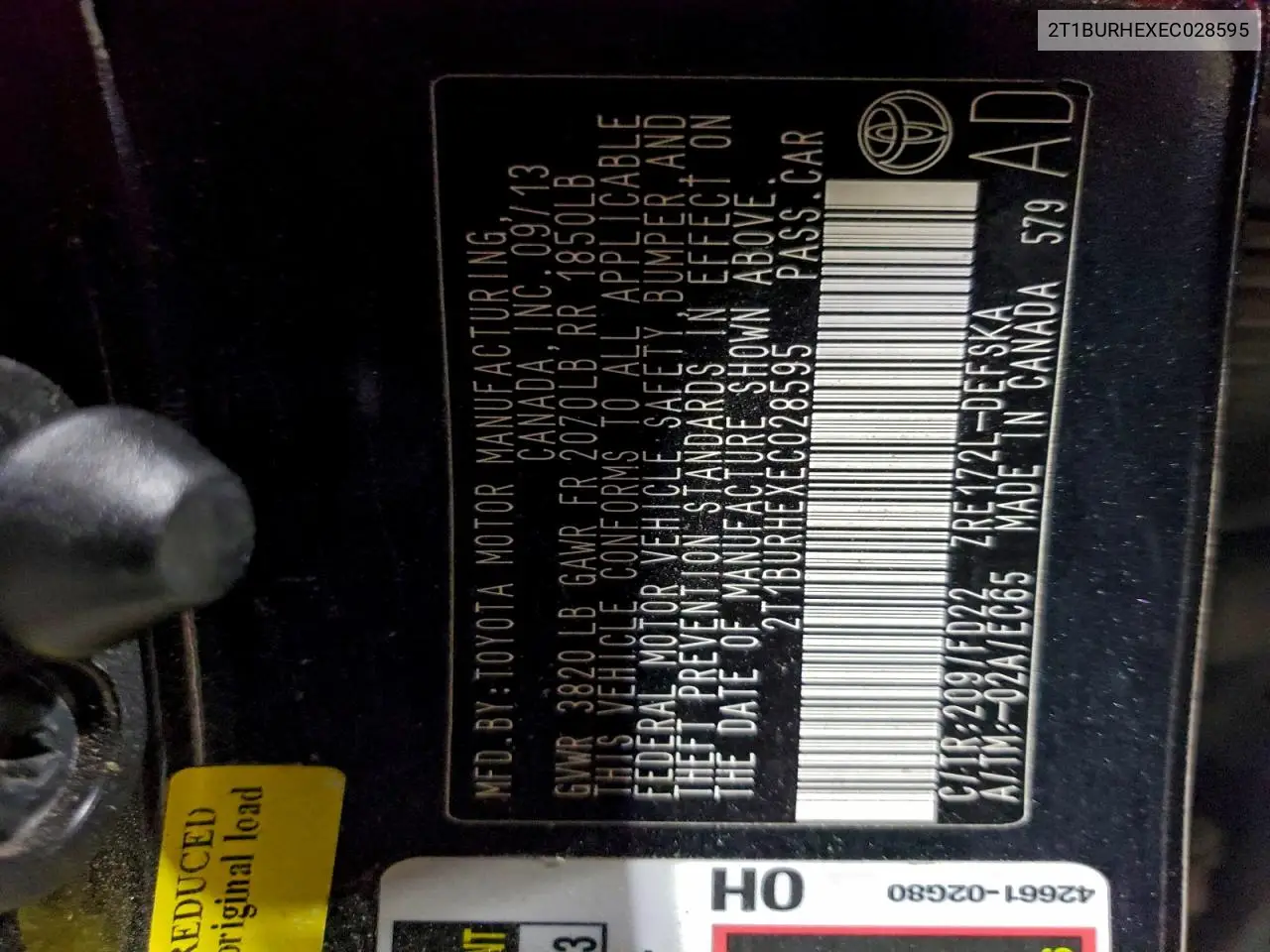 2T1BURHEXEC028595 2014 Toyota Corolla L