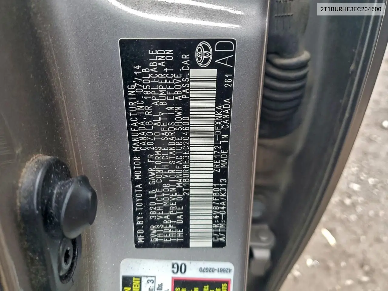 2T1BURHE3EC204600 2014 Toyota Corolla L
