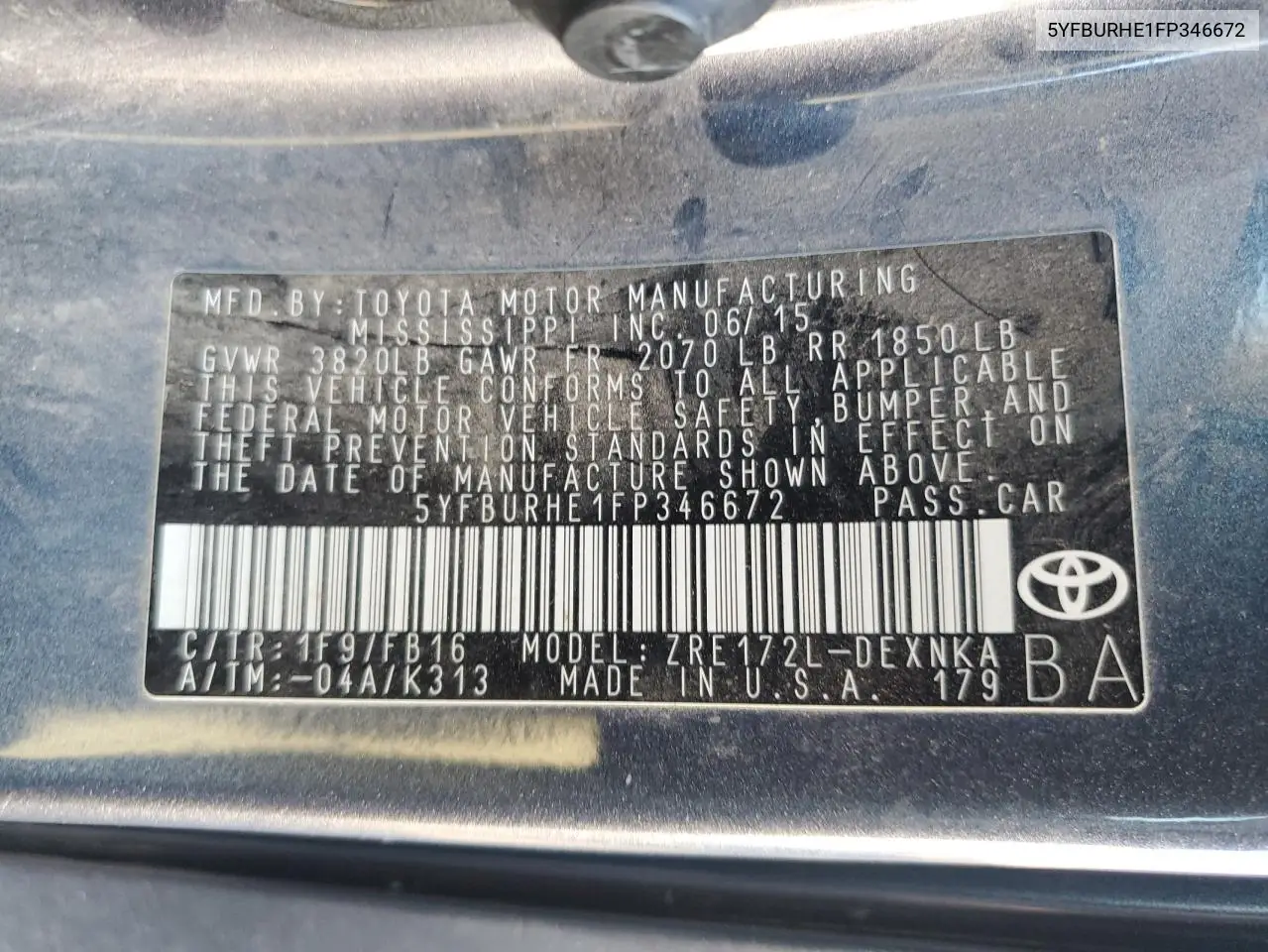 5YFBURHE1FP346672 2015 Toyota Corolla L