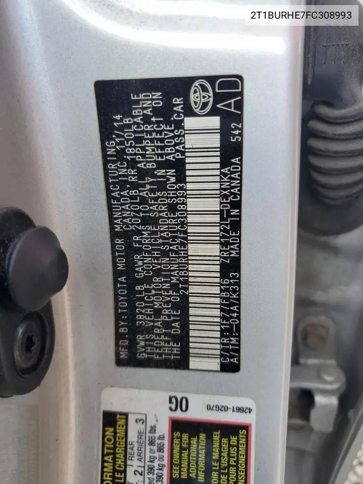 2T1BURHE7FC308993 2015 Toyota Corolla L