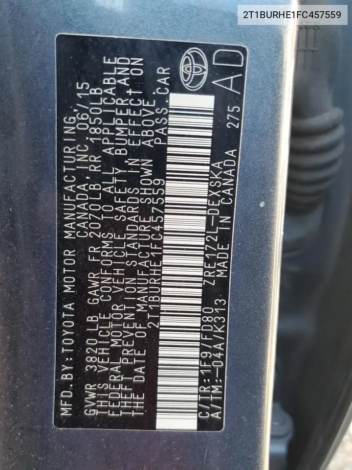 2T1BURHE1FC457559 2015 Toyota Corolla L