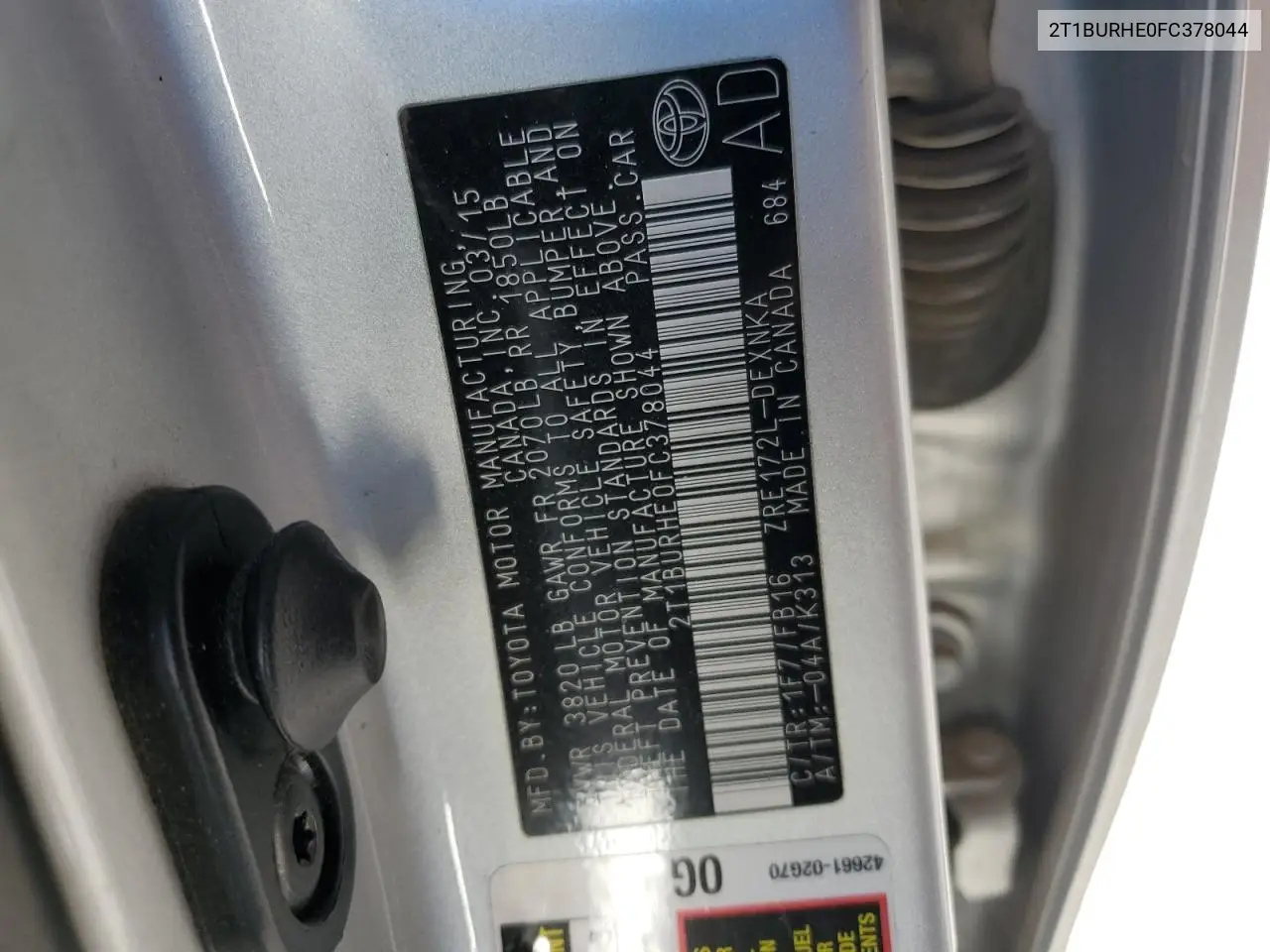 2T1BURHE0FC378044 2015 Toyota Corolla L