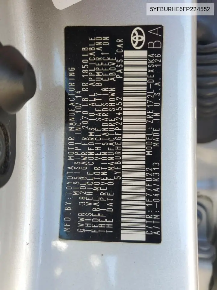 5YFBURHE6FP224552 2015 Toyota Corolla L