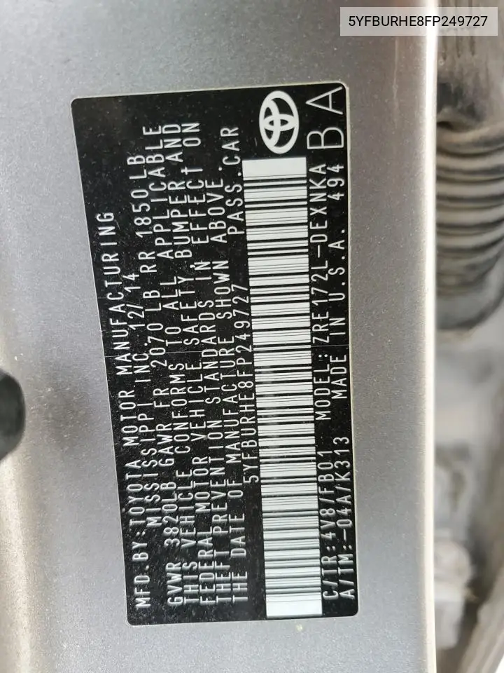 5YFBURHE8FP249727 2015 Toyota Corolla L