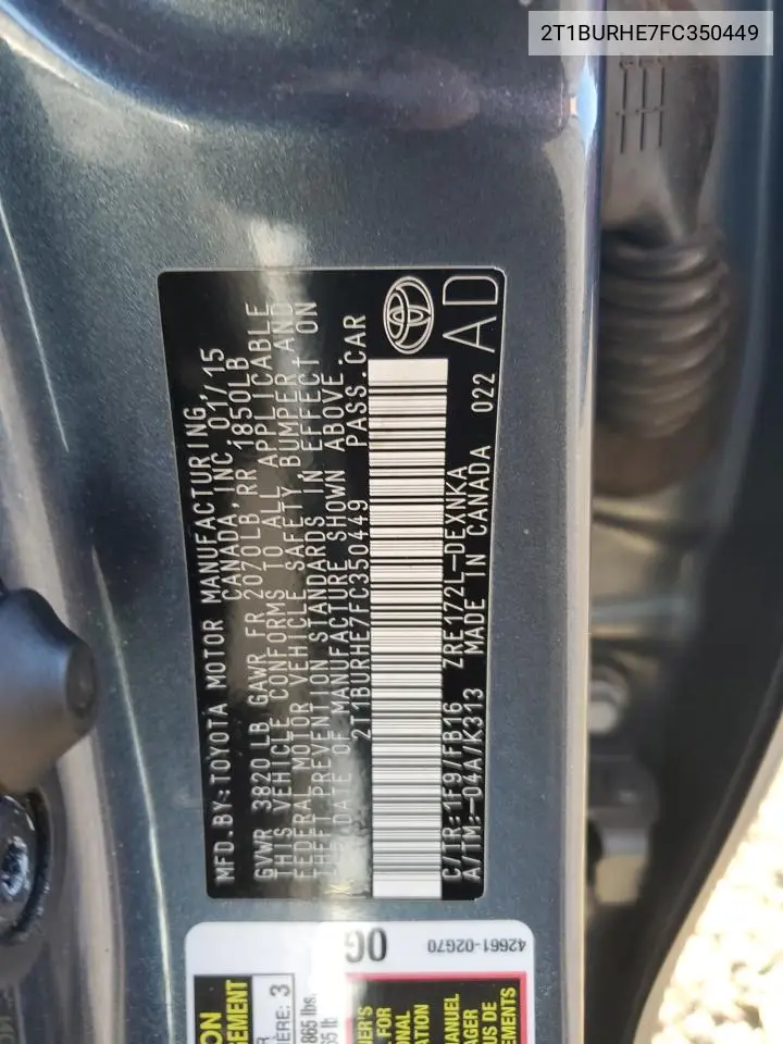 2T1BURHE7FC350449 2015 Toyota Corolla L