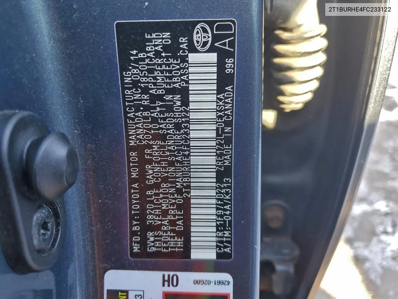 2T1BURHE4FC233122 2015 Toyota Corolla L