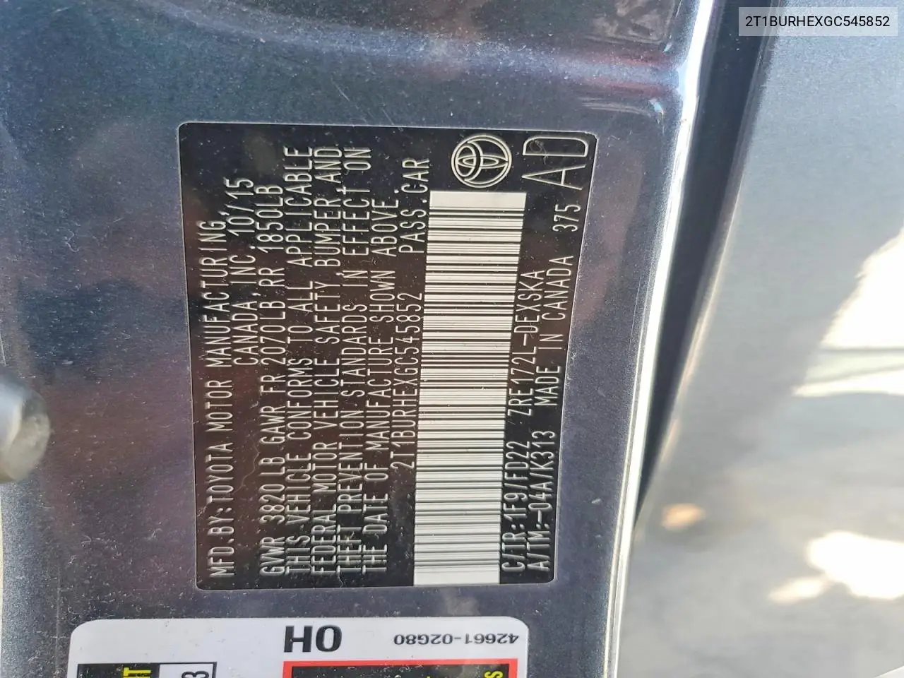 2T1BURHEXGC545852 2016 Toyota Corolla S Plus