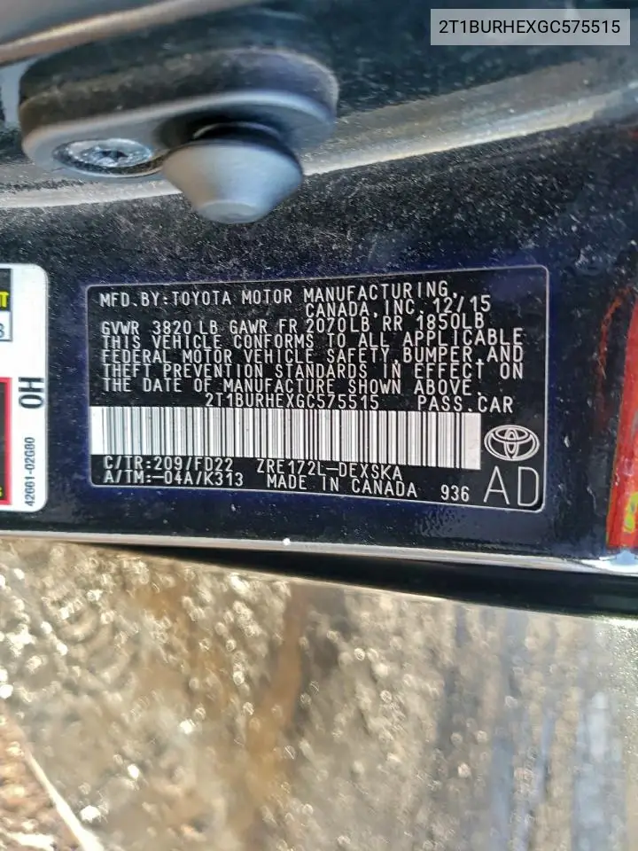2T1BURHEXGC575515 2016 Toyota Corolla L