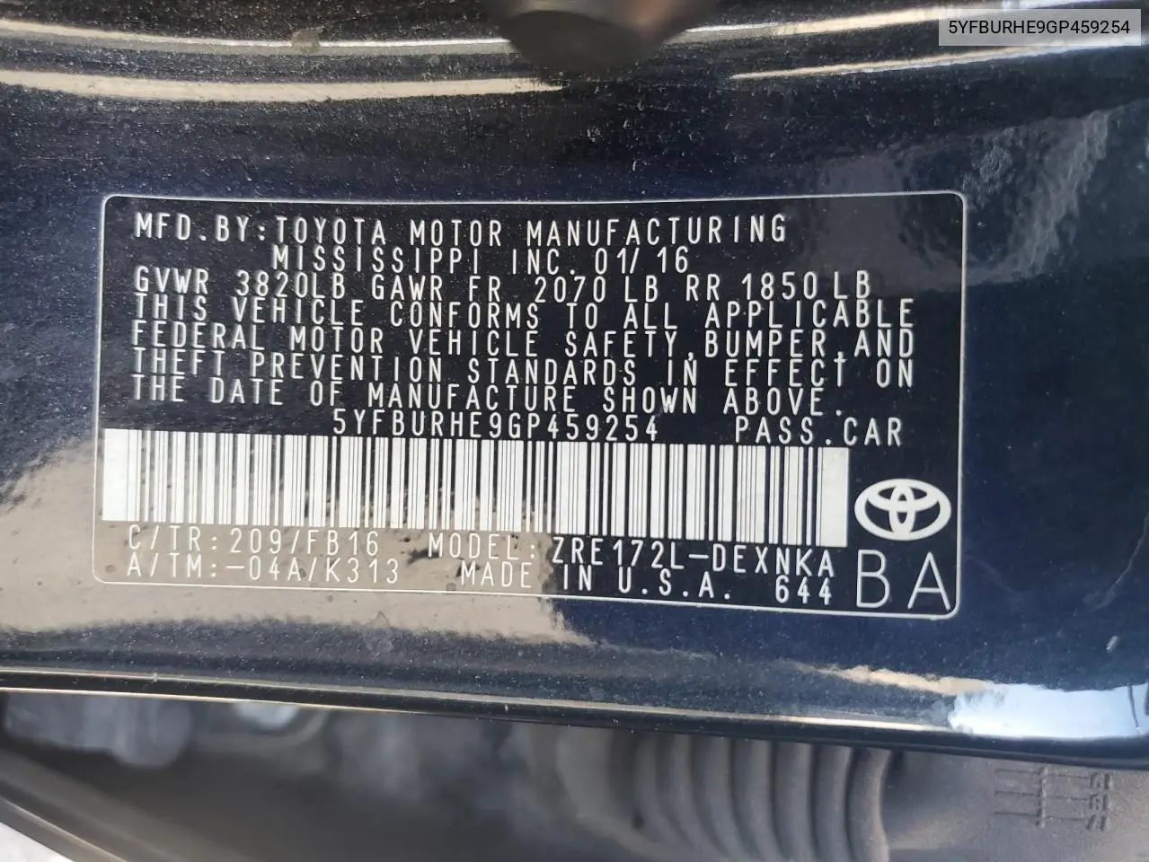 5YFBURHE9GP459254 2016 Toyota Corolla L