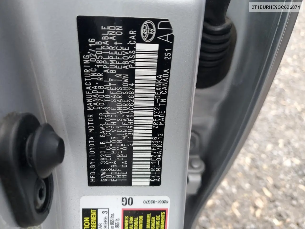 2T1BURHE9GC626874 2016 Toyota Corolla L