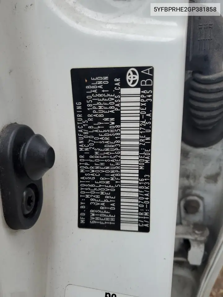 5YFBPRHE2GP381858 2016 Toyota Corolla Eco