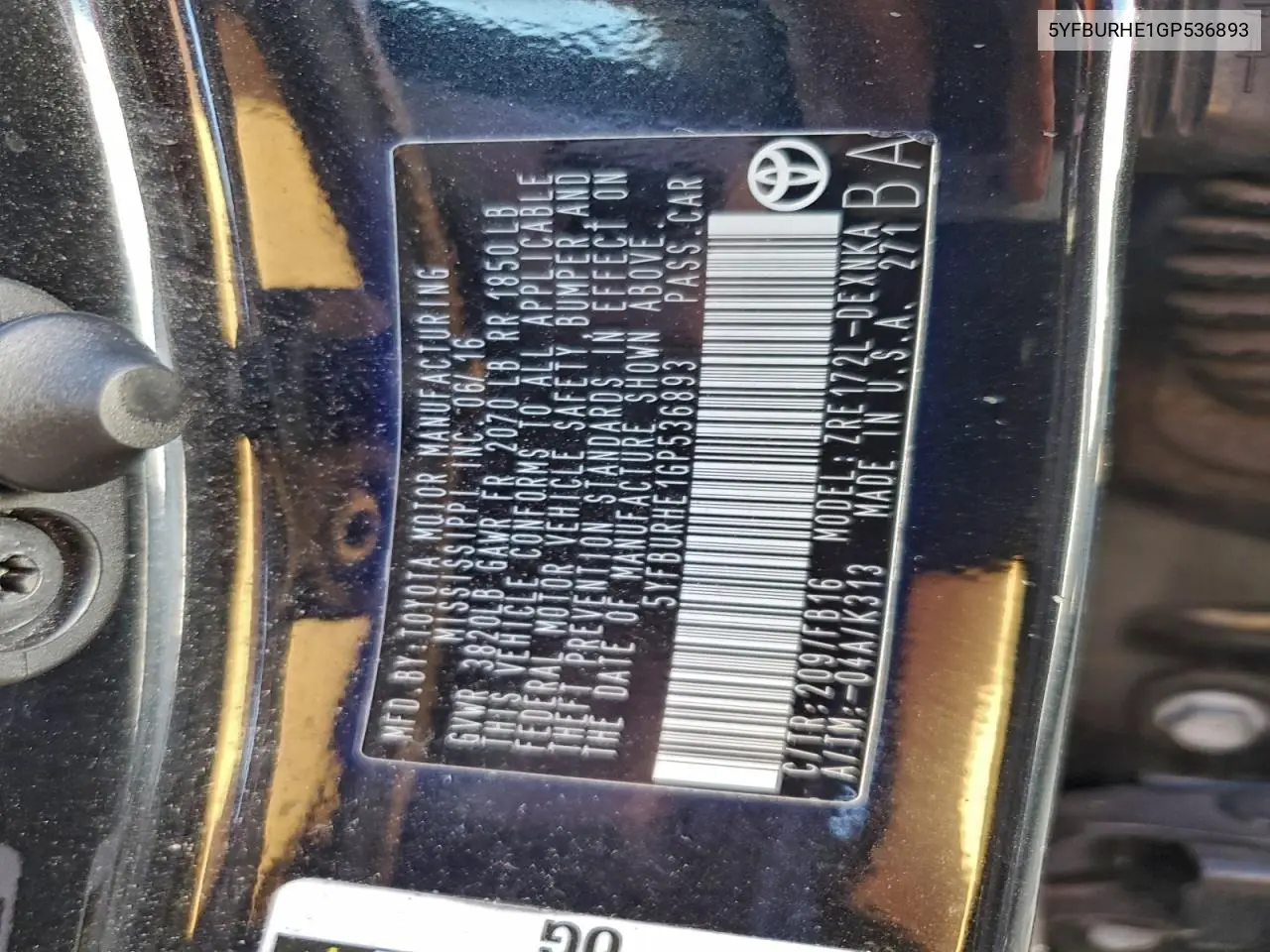 5YFBURHE1GP536893 2016 Toyota Corolla L
