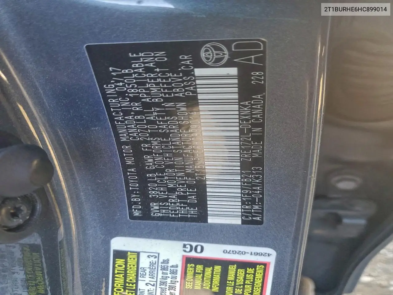 2T1BURHE6HC899014 2017 Toyota Corolla L