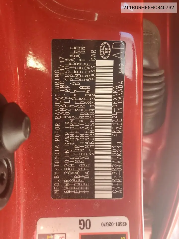 2T1BURHE5HC840732 2017 Toyota Corolla L