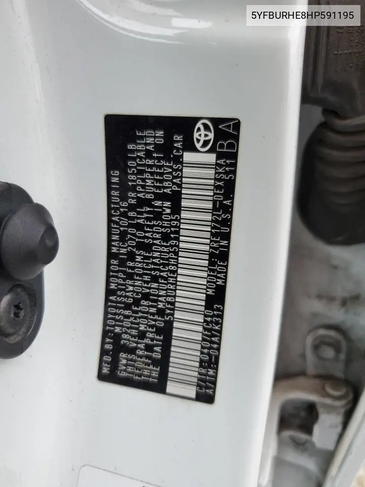 5YFBURHE8HP591195 2017 Toyota Corolla L