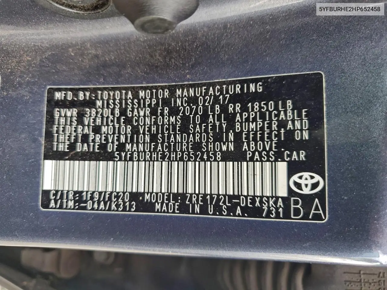 5YFBURHE2HP652458 2017 Toyota Corolla L