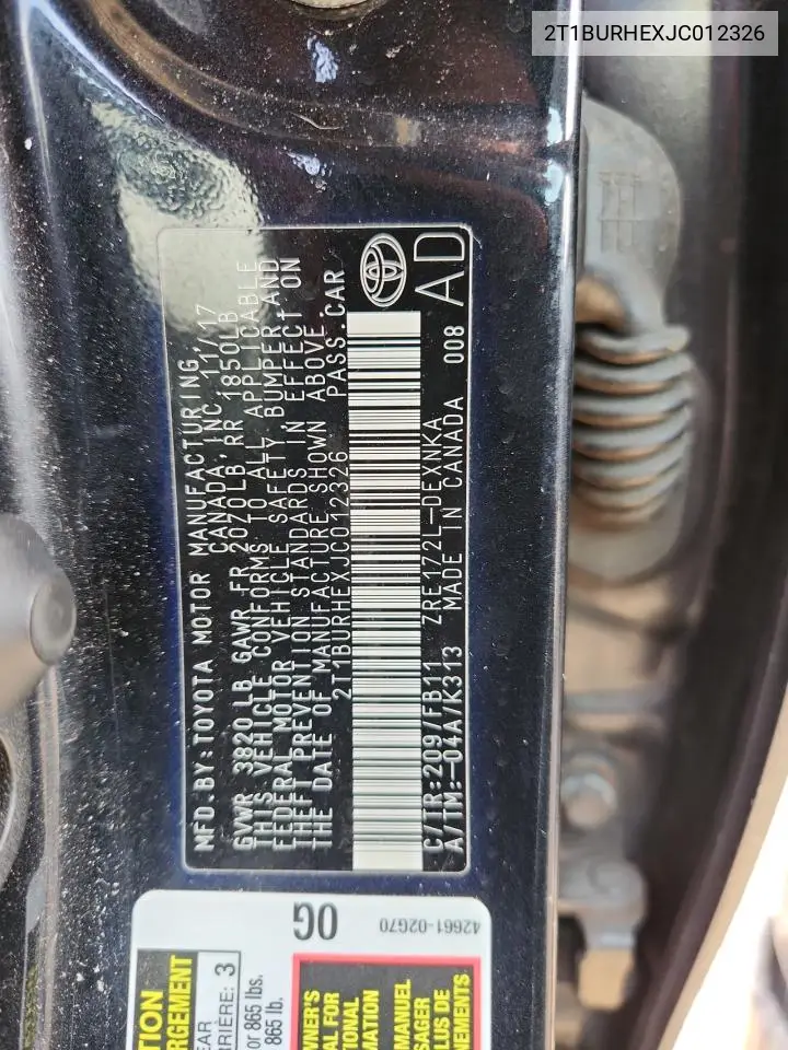 2T1BURHEXJC012326 2018 Toyota Corolla L