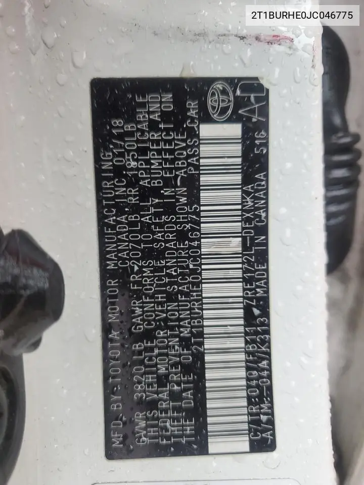 2T1BURHE0JC046775 2018 Toyota Corolla L