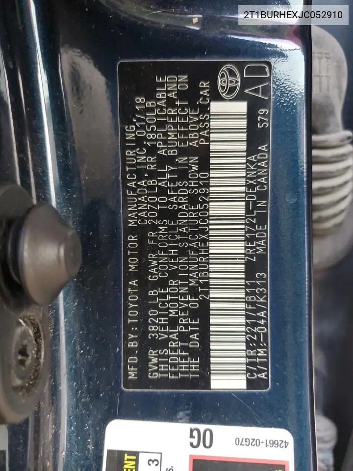 2T1BURHEXJC052910 2018 Toyota Corolla L