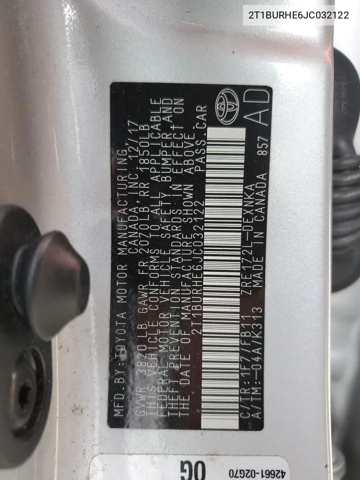 2T1BURHE6JC032122 2018 Toyota Corolla L