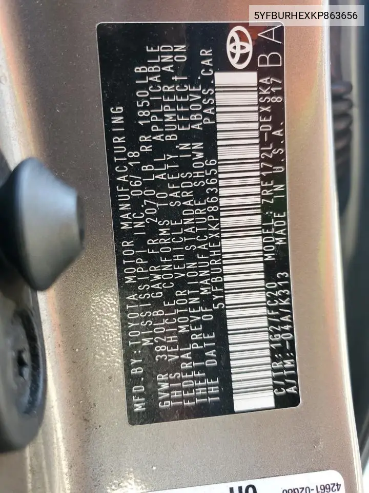 5YFBURHEXKP863656 2019 Toyota Corolla L