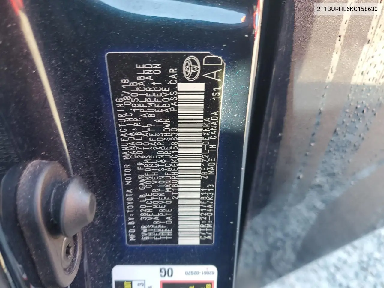 2T1BURHE6KC158630 2019 Toyota Corolla L