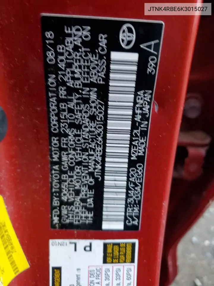 JTNK4RBE6K3015027 2019 Toyota Corolla Se