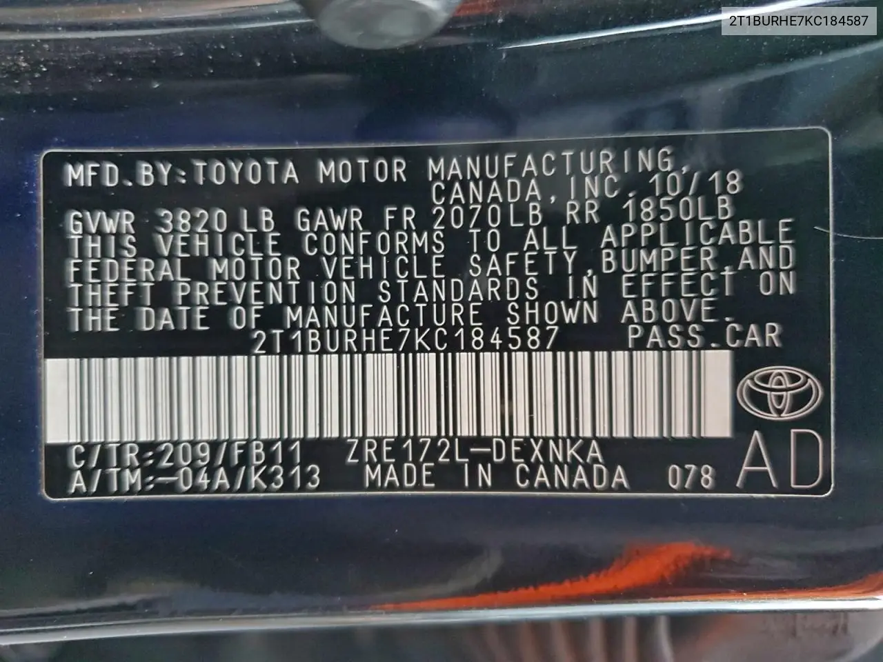 2T1BURHE7KC184587 2019 Toyota Corolla L