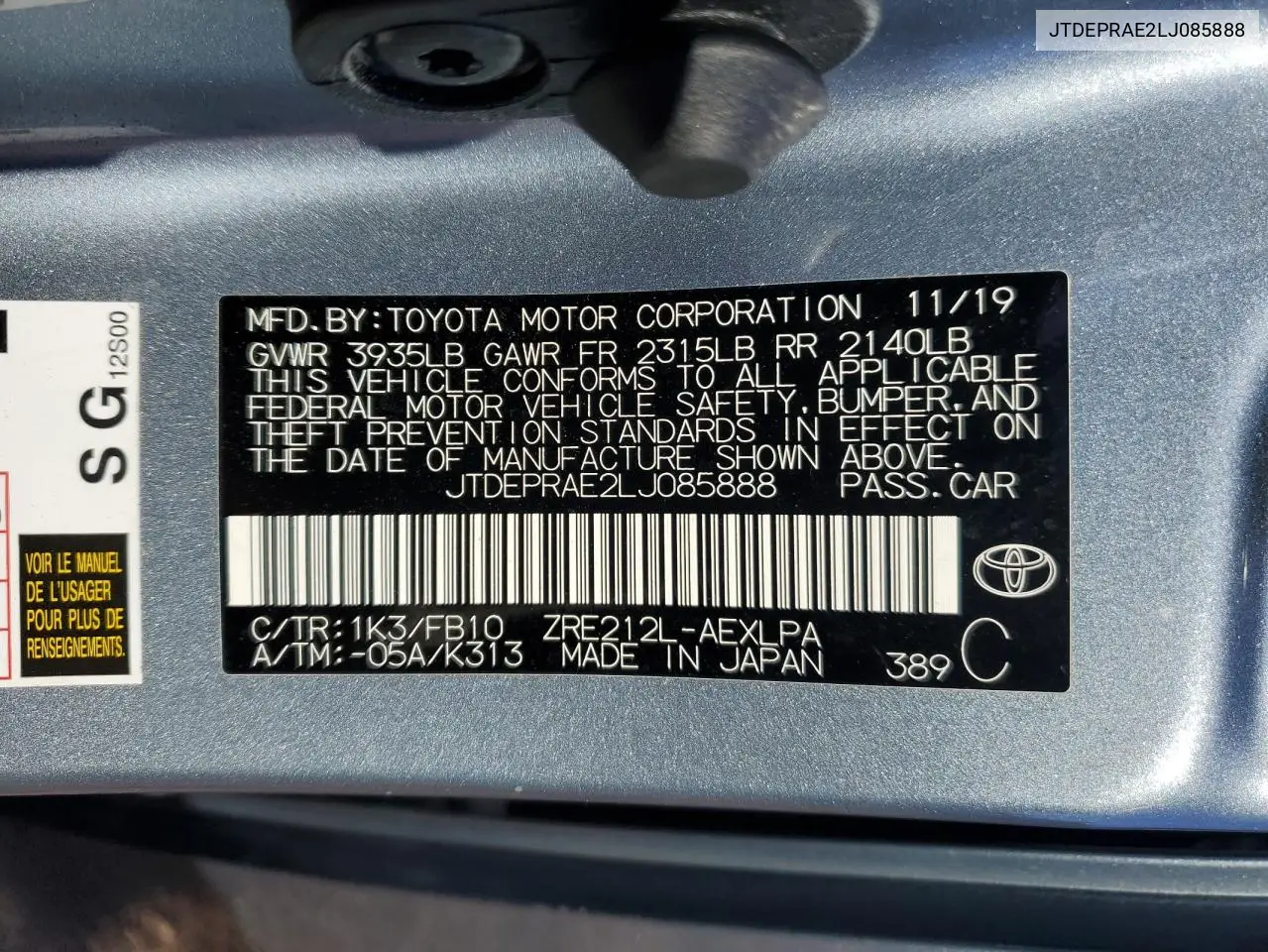 JTDEPRAE2LJ085888 2020 Toyota Corolla Le