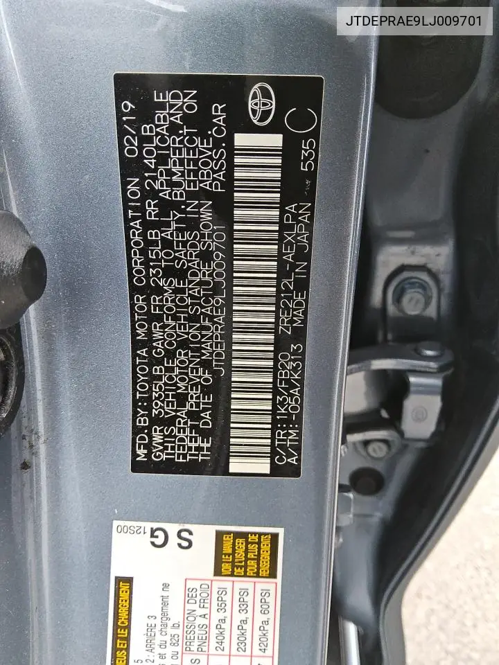 JTDEPRAE9LJ009701 2020 Toyota Corolla Le