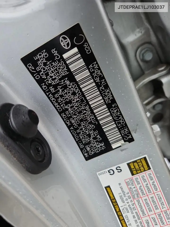 JTDEPRAE1LJ103037 2020 Toyota Corolla Le