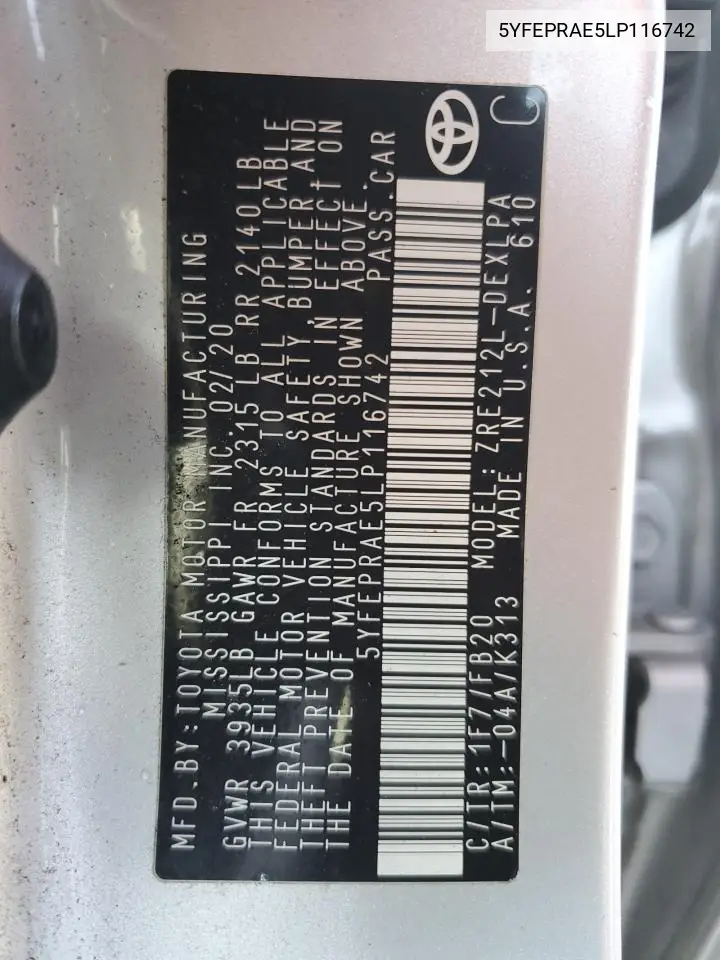 5YFEPRAE5LP116742 2020 Toyota Corolla Le
