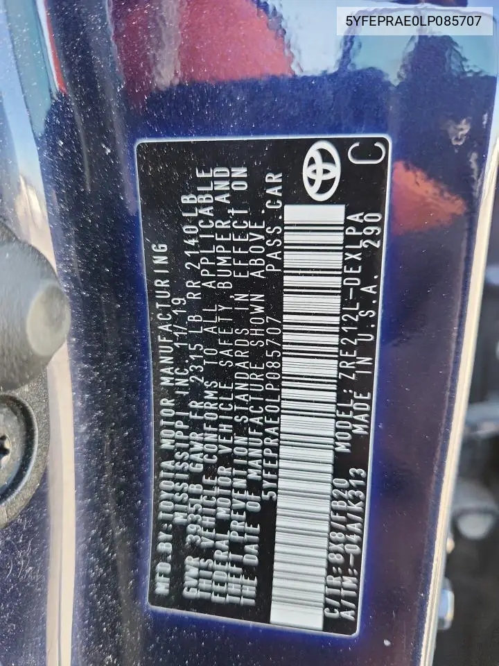 5YFEPRAE0LP085707 2020 Toyota Corolla Le