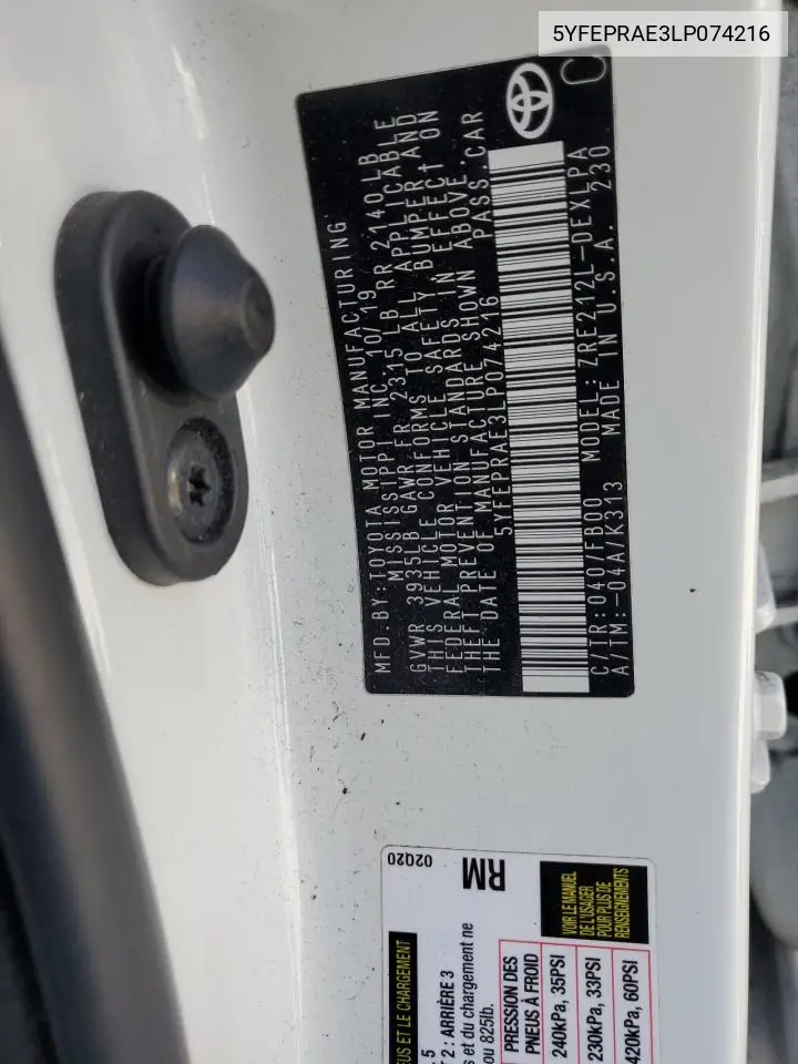 5YFEPRAE3LP074216 2020 Toyota Corolla Le